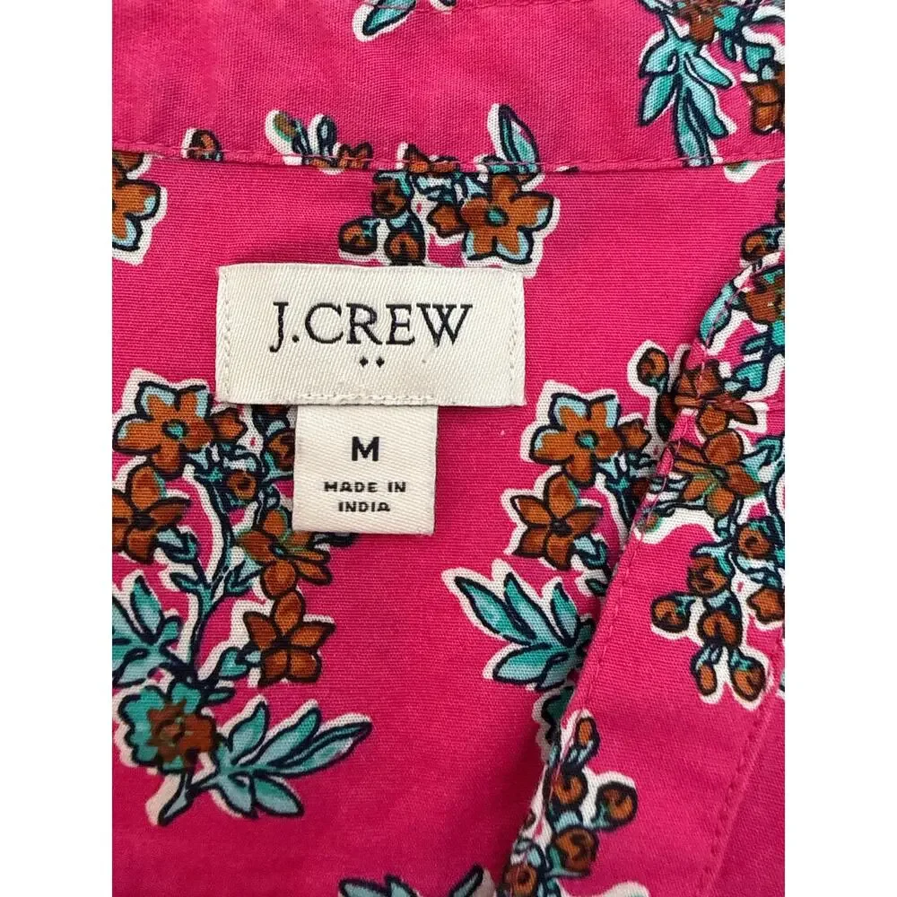 J.Crew Pink Floral Block Print Puff Sleeve Top Sz M Split V Neck Cotton